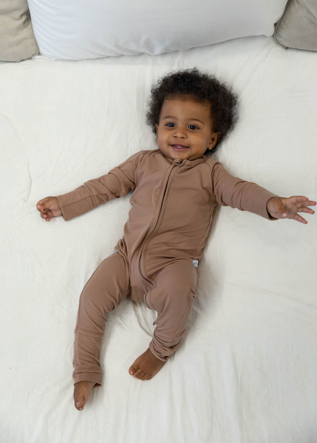 Ribbed Bamboo Long Sleeve Baby Romper in Camel