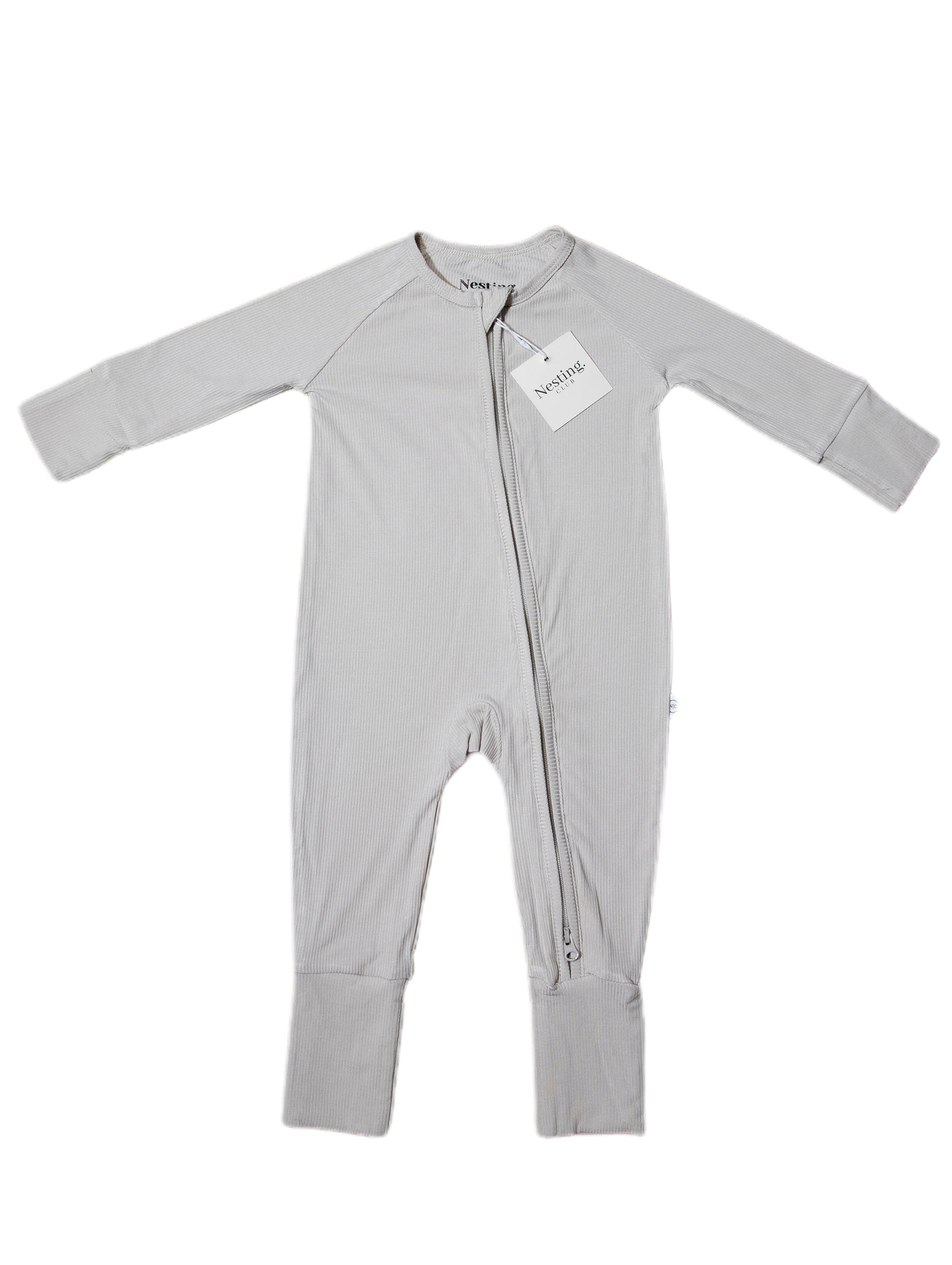 Ribbed Bamboo Long Sleeve Baby Romper in Stone