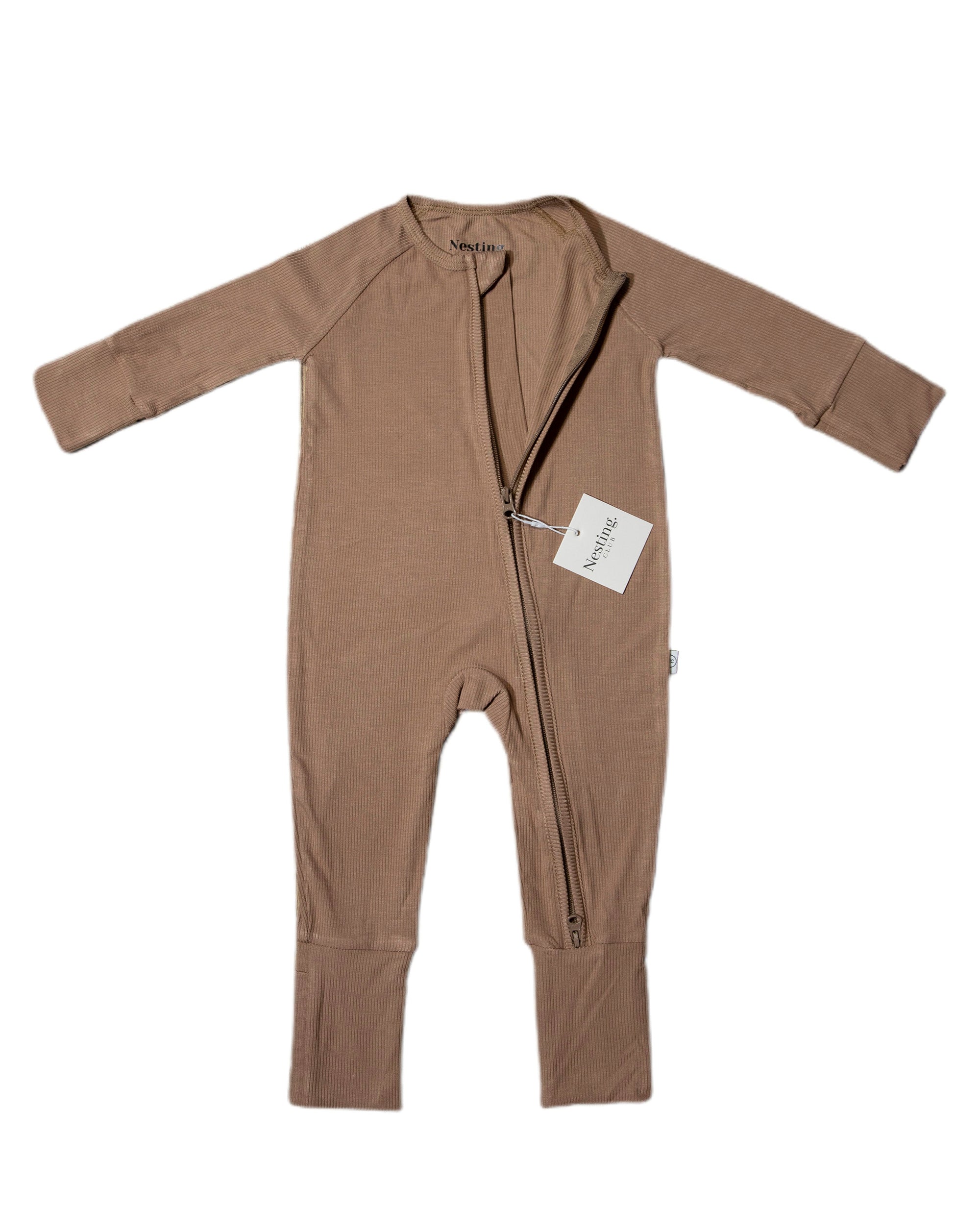 Ribbed Bamboo Long Sleeve Baby Romper in Camel